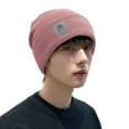 thumbnail image 2 of dianhelloya Warm hat Men Hat Solid Color Labeling Brimless Stretch Coldproof Beanie Hat Autumn Winter Plush Lining Ear Protection Hat Streetwear Pink, 2 of 8