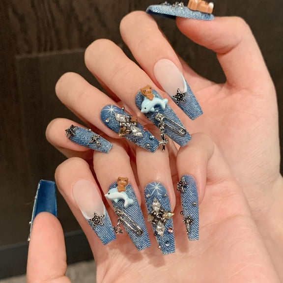 Cute Cowboy Ceramic Press On Nails Long Coffin Shape Bold Blue Denim Style 3D Accents French Kit for Women Handmade Nail
