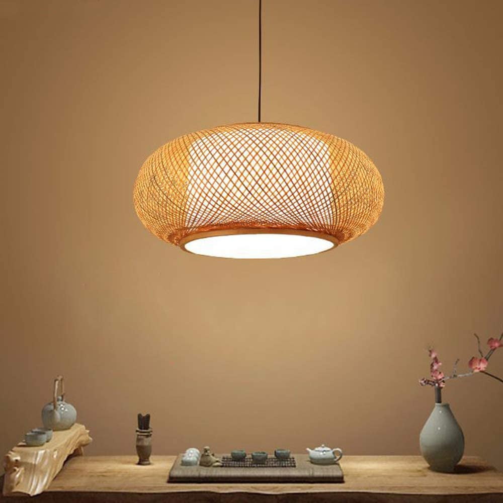 FETCOI, Antique Lantern Pendant Lighting Rattan Single Light Weaving Natural Wooden Ceiling Hanging Fixture 15.7"(40CM)