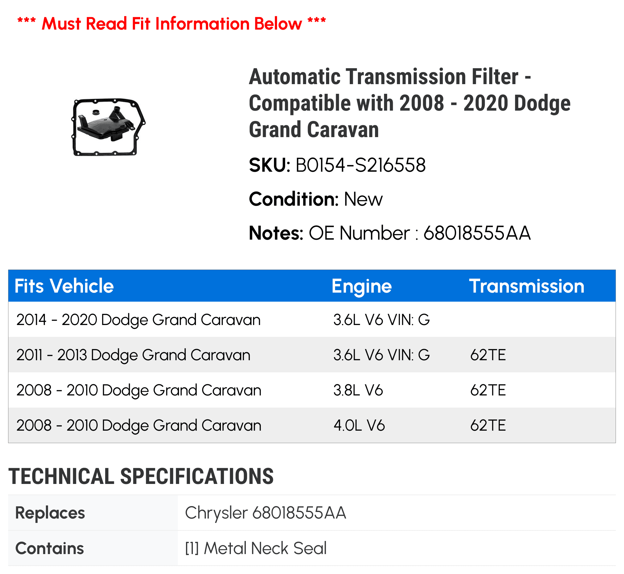 Automatic Transmission Filter - Compatible with 2008 - 2020 Dodge Grand Caravan 2009 2010 2011 2012 2013 2014 2015 2016 2017 2018 2019