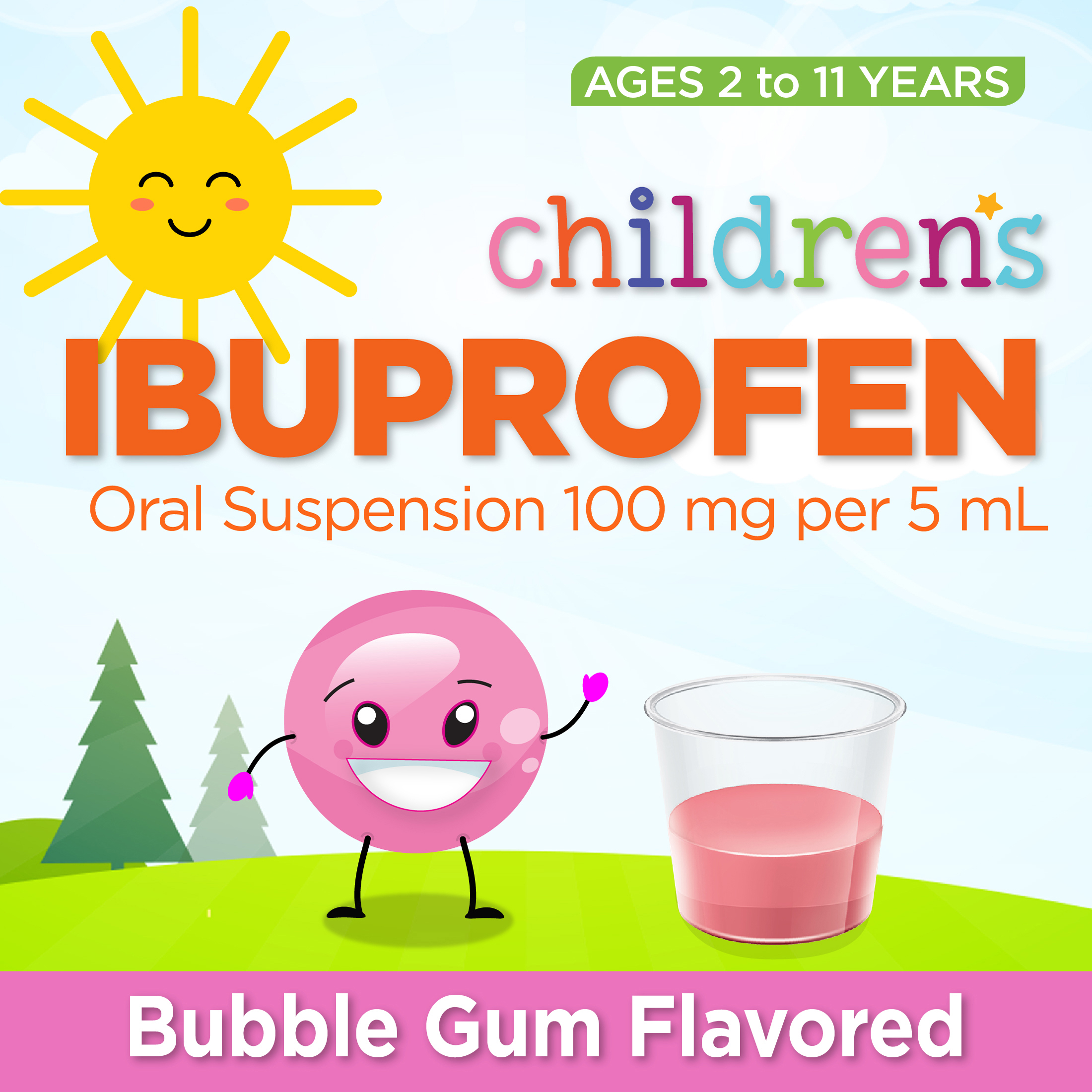 Equate Children's Ibuprofen Oral Suspension Pain & Fever Reducer 100 mg per 5 mL (NSAID), Bubble Gum Flavor, 4 fl oz - image 2 of 7