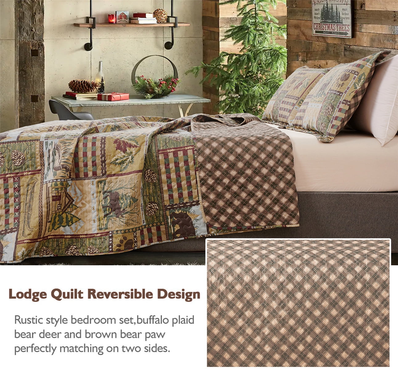 Beartech Quilt Set Twin Size Rustic Bedding Lodge Cabin Quilt Forest Bear Bedspread Coverlet Lightweight Reversible Microfiber Quilt