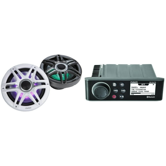 Fusion MS-RA70 Source Unit w/ Clarion CMSP-771RGB-SWG Premium 7.7-inch Coaxial Marine Speakers with built-in RGB illumination ( Includes White & Gray Sport Grilles)