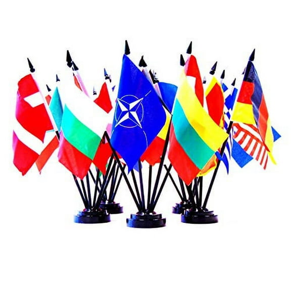 North Atlantic Treaty Organization (NATO) World Flag Set with BASES-30 Polyester 4"x6" Flags, One Flag for Each Country in NATO, 4x6 Miniature Desk & Table Flags, Small Mini Stick Flags