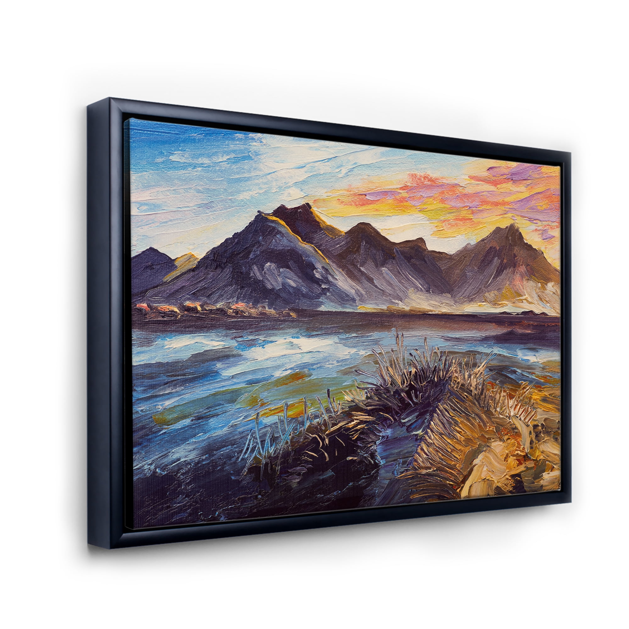 Designart 'Impression Pink Sunset Over The Mountains By The Sea' Nautical & Coastal Framed Canvas Wall Art Print