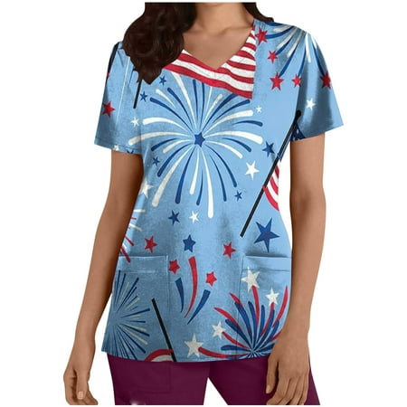 

OGLCCG Womens Stretch Scrubs Tops V Neck American Flag Stars Stripes Print Patriotic Shirt Breathable Comfy Nursing Scrubs with Pocket