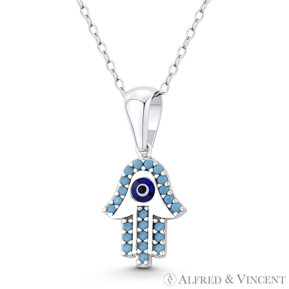 Sterling Silver 925 Hamsa Hand Pendant With Enamel And Clear Cz Stones 