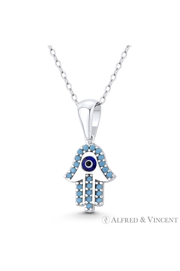 Hamsa Hand Evil Eye Charm Nano CZ & Enamel Pendant in .925 Sterling Silver w/ Rhodium