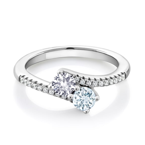 Gem Stone King 925 Sterling Silver White Created Sapphire and Sky Blue Aquamarine Bypass Ring for Women (0.74 Cttw, Gemstone September Birthstone, Round 4MM, Size 6)