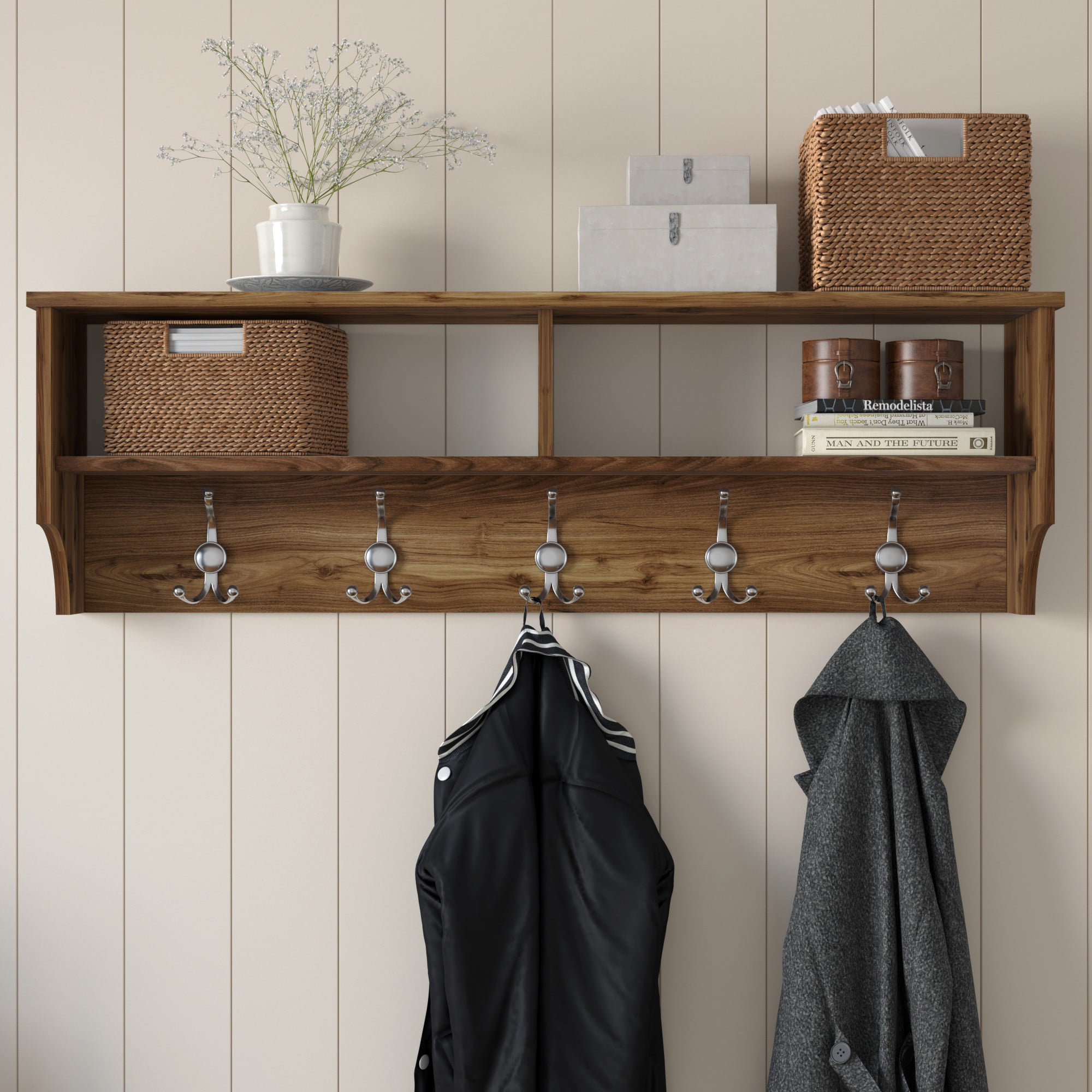 Wall Shelf with Hook Rack Multifunctional Hanger for Robe and Coat Dark Brown 