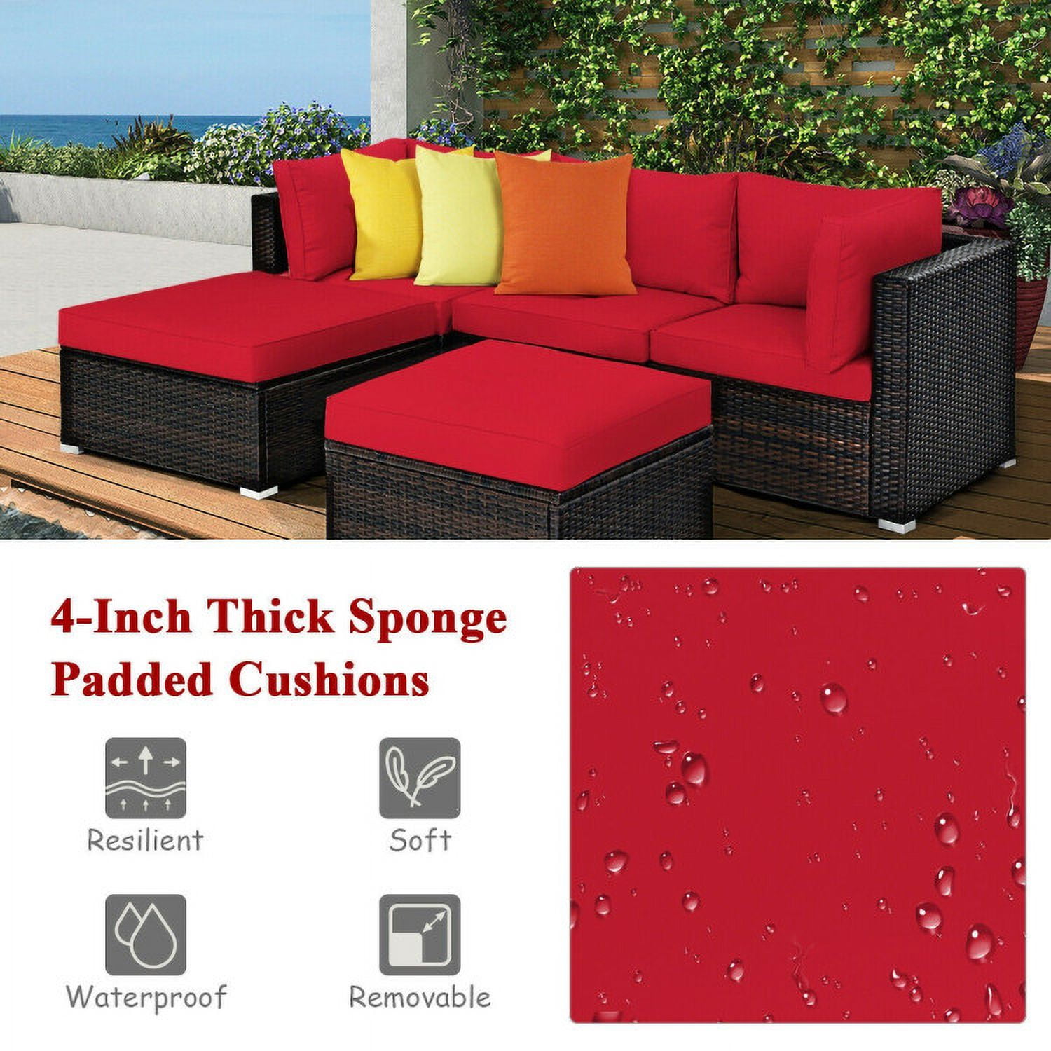 Aimee Lii 5 Pieces Patio Rattan Sectional Conversation Ottoman Furniture Set, Outdoor Patio Set, Red