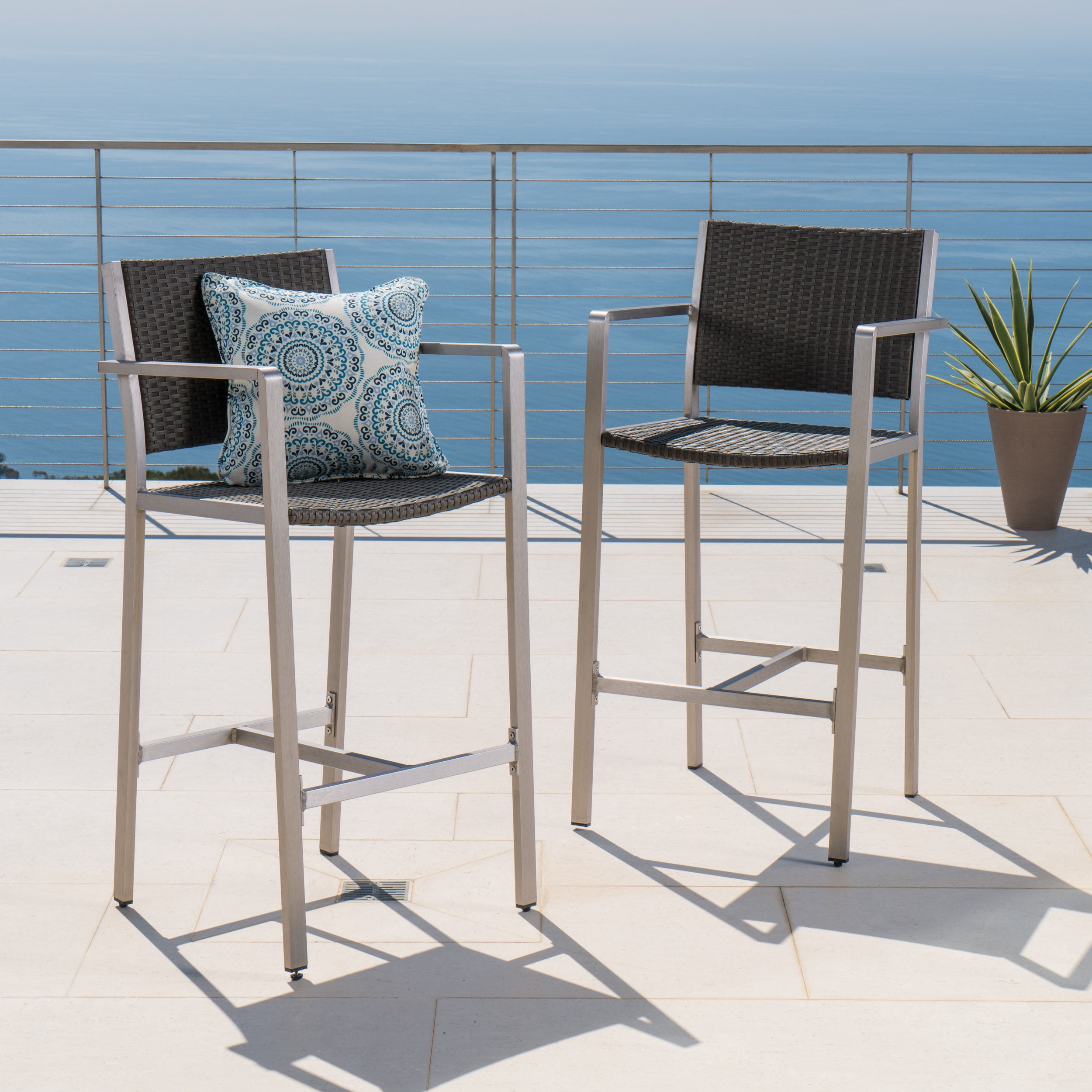 Outdoor Rust Proof Aluminum Frame Bar Stool Set of 2 29.50 Inch, PE Rattan Surface Height Seats for Patio Bar, Silver and Grey