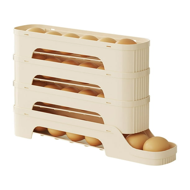 Rejilla para huevos para refrigerador, transparente, con ruedas, para ahorrar espacio, automática, para cocina, ovalada, de 4 capas