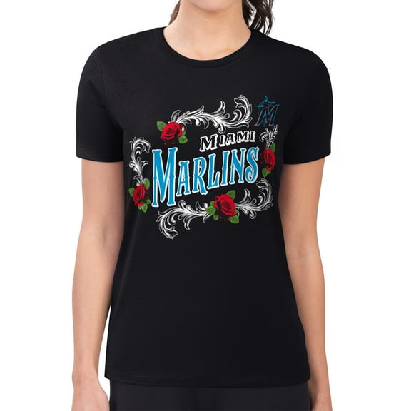 Women's G-III 4Her by Carl Banks  Black Miami Marlins Super-Slim Fit Lightweight Retro Roses T-Shirt