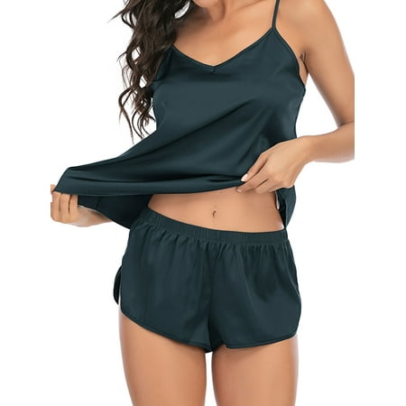 

FUTATA Women Sexy Lingerie Silk Satin Pajamas Cami Shorts Set Sleepwear Ladies Sleeveless Camisole Shirts & Shorts Nightwear Set