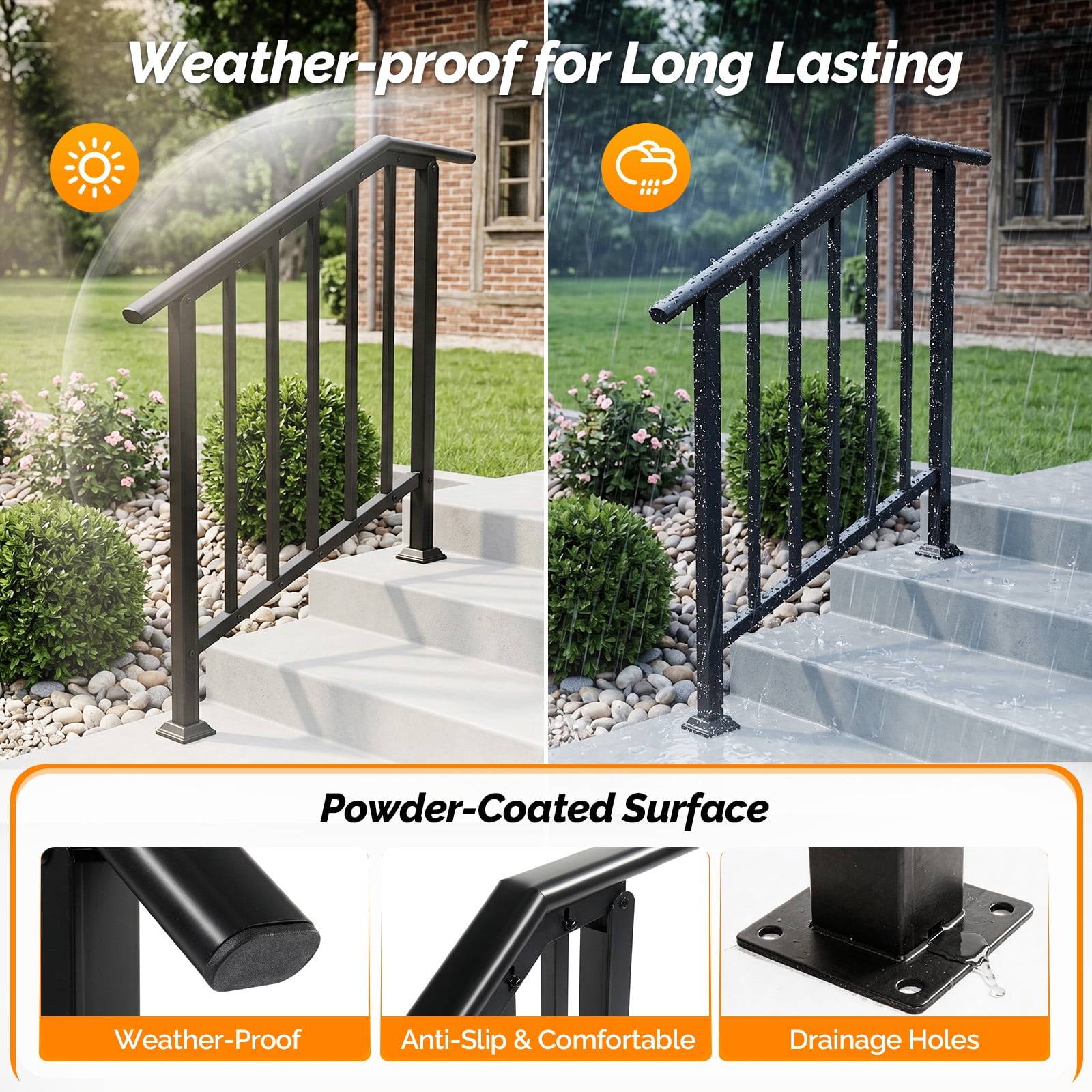Handrails for Outdoor Steps Fits 2 to 3 Steps