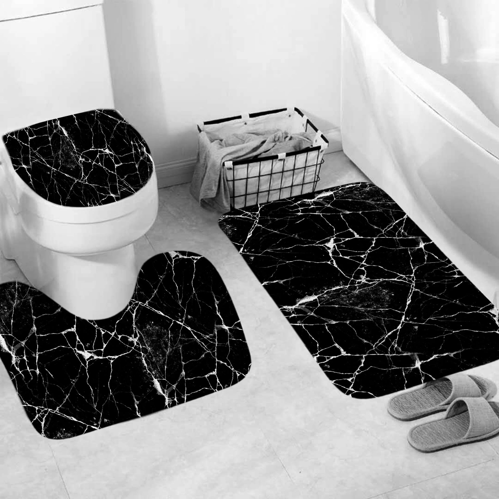 3 Pcs Abstract Marble Stone Black Bathroom Rug Sets, Non Slip Bath Mat, Contour Mat and Toilet