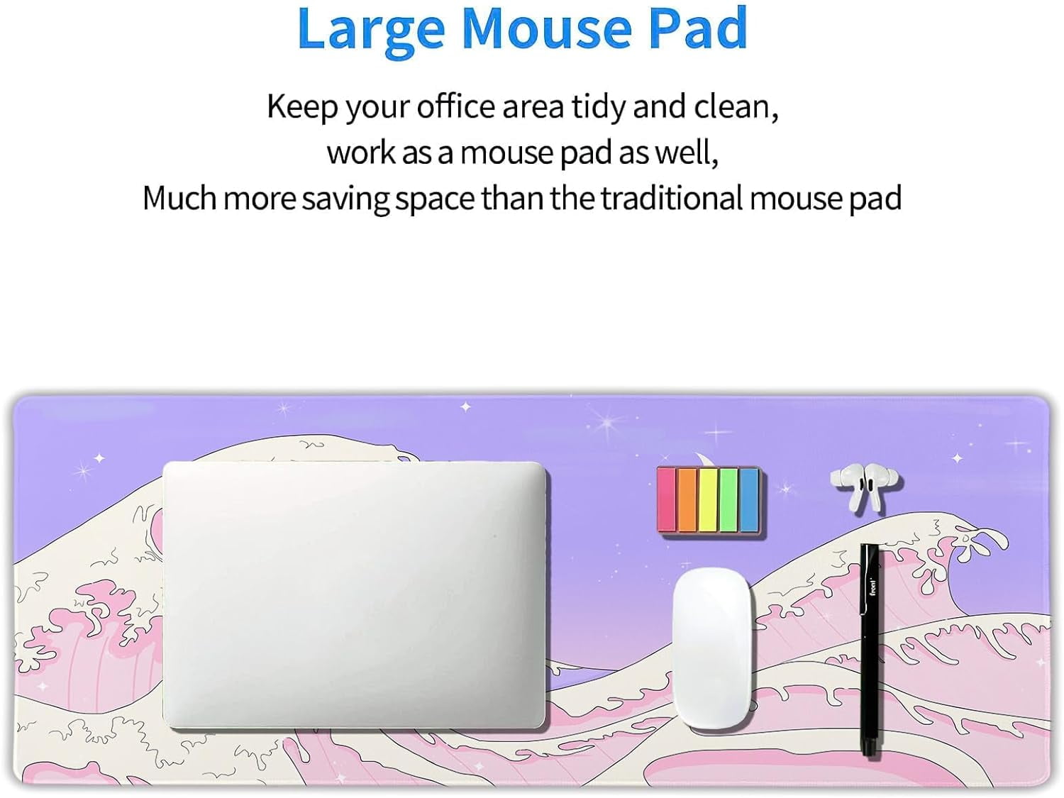 Pink Purple Japanese Anime Gaming Mouse Pad XL Cute Kawaii Aesthetic Sea Wave Extended Large Desk Mat Non-Slip Rubber Base Stitched Edge Long Keyboard Mousepad for PC Computer Laptop,31.5×11.8 in