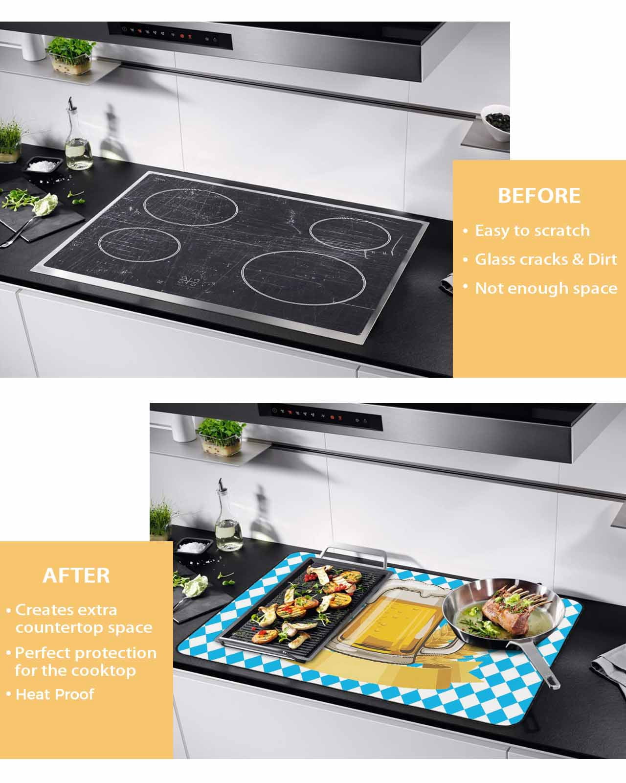 Large Induction Cooktop Protector Mat Cartoon Beer Stove Top Covers for Electric Stove, Funny Wheat Abstract Blue White Plaid Decorative Stove Burner Cover Mats, Glass Top Stove Cover