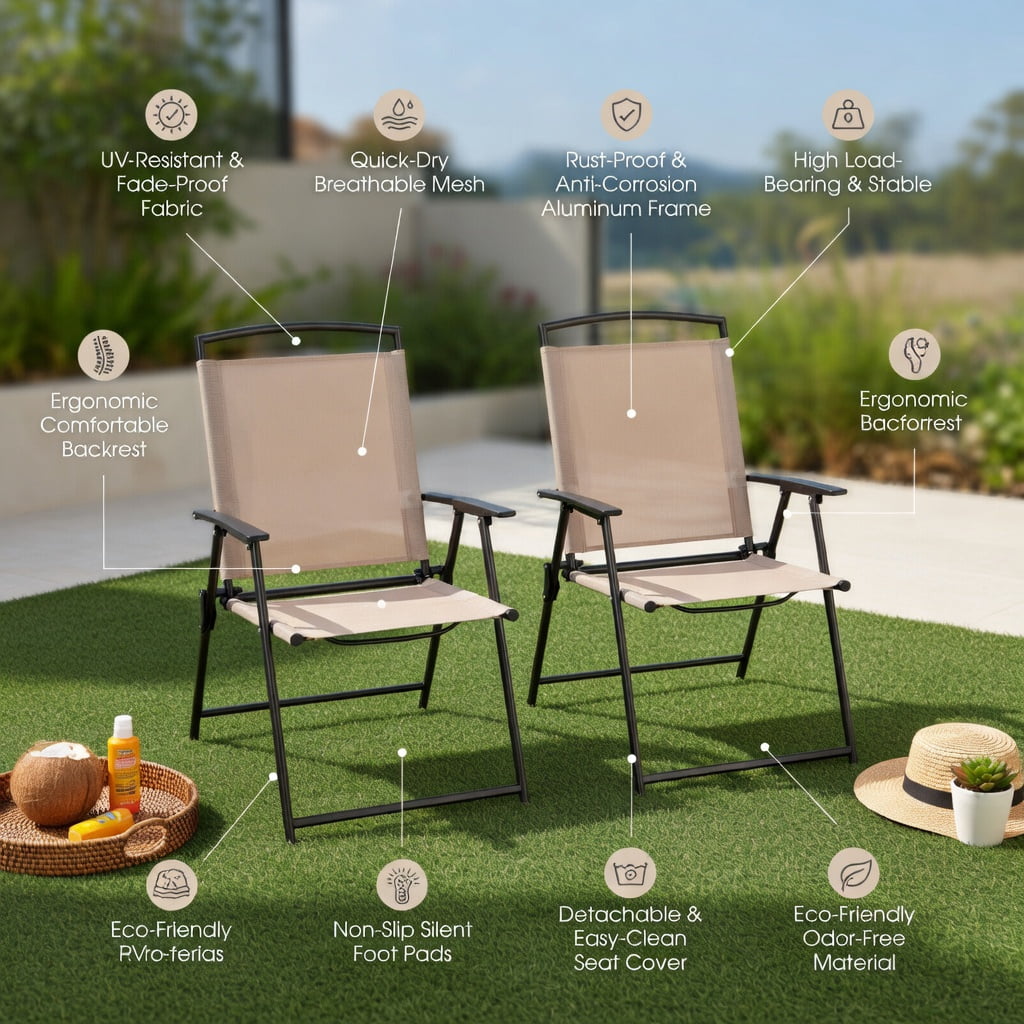 Hommoo 2-Pack Patio Dining Chairs with Armrests, Rust-Resistant Steel Frame, Foldable & Lightweight Outdoor Seating for Deck, Porch, Garden, Beige