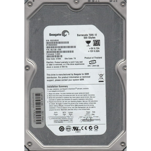 ST3500830AS, 9QG, TK, PN 9BJ136-500, FW 3.AAC, Seagate 500GB SATA 3.5 Hard Drive