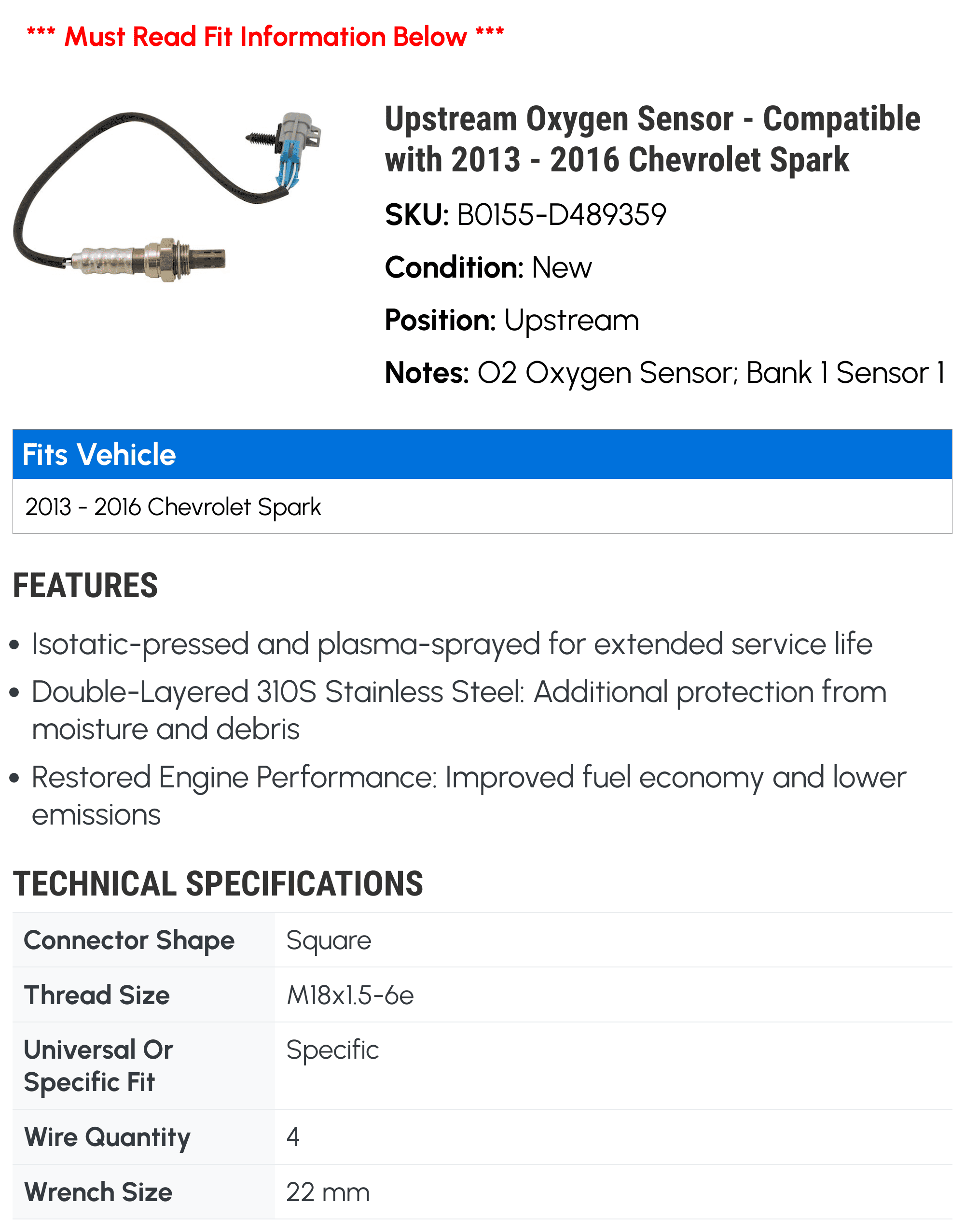 Upstream Oxygen Sensor - Compatible with 2013 - 2016 Chevy Spark 2014 2015