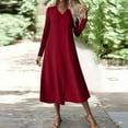 thumbnail image 3 of Wdfiry Fall Dress for Women Solid Color Cotton Linen Pullover V Neck Long Sleeve Dress Casual Loose Long Dresses, 3 of 5