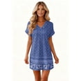 thumbnail image 6 of CHIUNL Summer Dresses for Women, V Neck Short Sleeve Ethnic Floral Mini Dress with Pockets, Casual Boho T-Shirt Dress, Fashion Vacation Outfits for Beach, Women Clothing (Blue S), 6 of 8