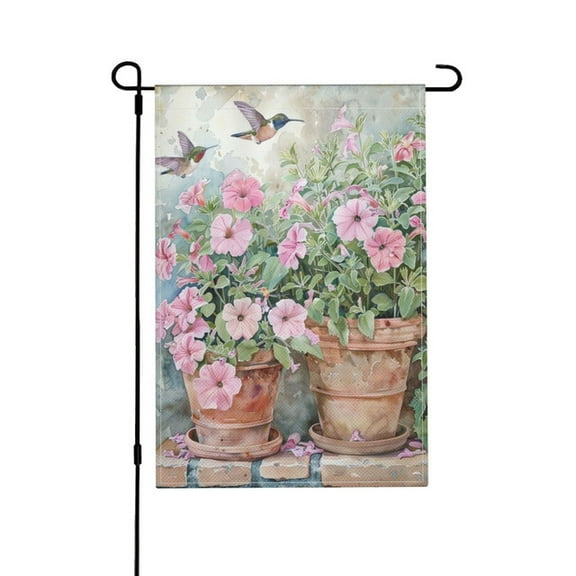 Yolandalse Graden Flag Potted Petunias Spring Hummingbirds Floral Garden Flag Double Sided, Welcome Fall House Yard Flag,Garden Yard Decorations, Seasonal Outdoor Flag 12 x 18 Inch