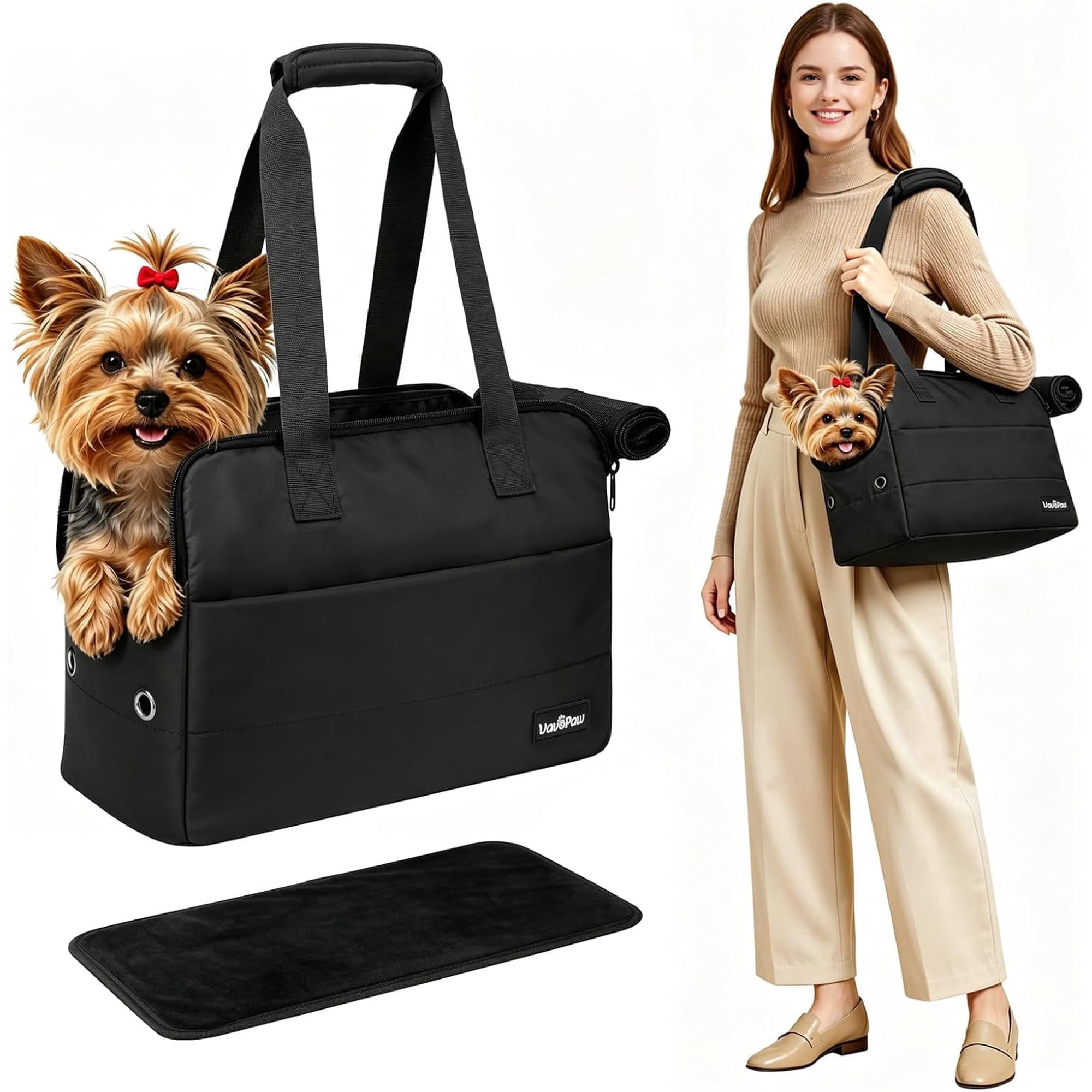 VavoPaw Dog Purse Carrier for Small Dogs, 15" x 11" x 7.9" Pet Travel Carrier with Support Pad, Safety Hooks, Breathable Mesh, and Multi Spacious Pockets, Soft Puppy Carrier for Cats Rabbits, Black