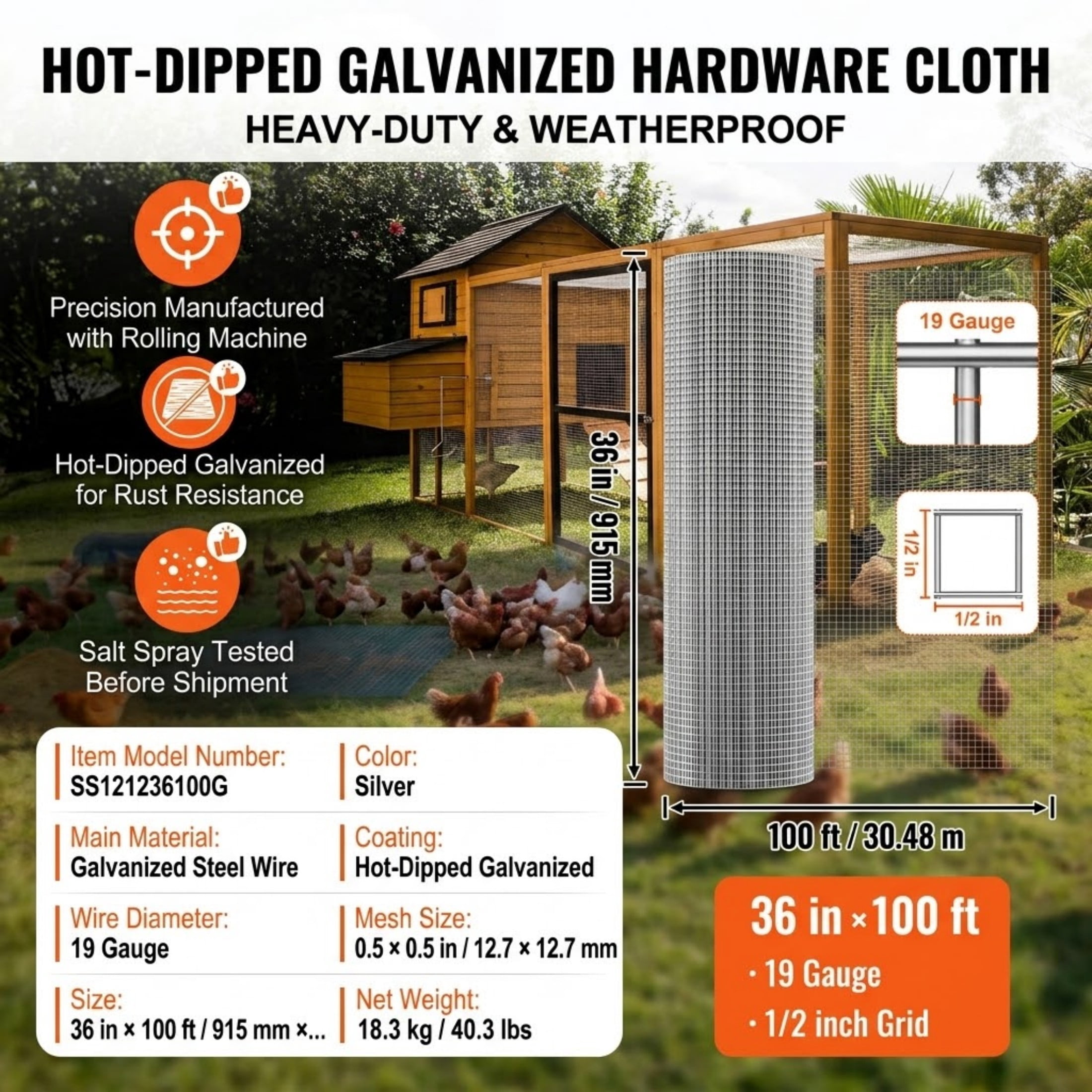 Hardware Cloth, 36" x 100' 1/2 inch 19 Gauge Hot Dipped Galvanized Wire Mesh Roll for Chicken Wire Fencing and Rabbit Cages