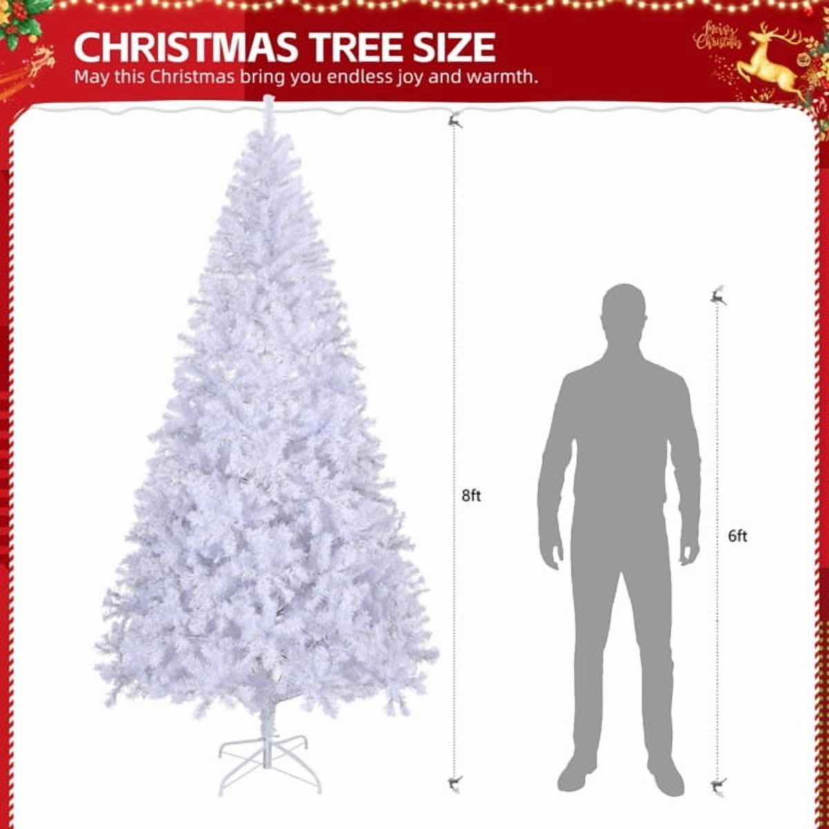 8FT Pre-Lit White Christmas Tree, 1500 PVC Branch Tips, 200 Cold White LEDs, Sturdy Iron Stand, Flame-Retardant Artificial Holiday Centerpiece
