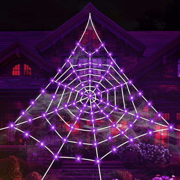 HKKDKTA Halloween Spider Web Lights Decoration, 250 LED Giant Spider Web 16.4ft Light Up Halloween Web Lights for Yard, Porch Decor (Purple)