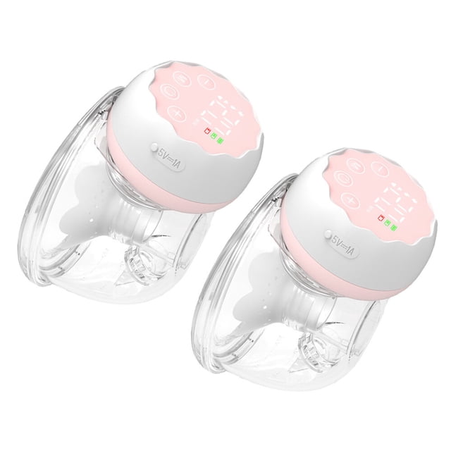 extractor de leche portátil, extractor de leche eléctrico manos libres para amamantar Blanco Labymos, vista 3/4 de dos unidades con recolectores transparentes y motores blancos con borde rosa; pantallas LED y botones táctiles, embocadura de silicona y cuerpo PP, capacidad 180 ml cada uno, puerto tipo C visible, diseño compacto para uso bajo el sostén y extracción discreta en casa u oficina; también apto para sesiones dobles de extracción.