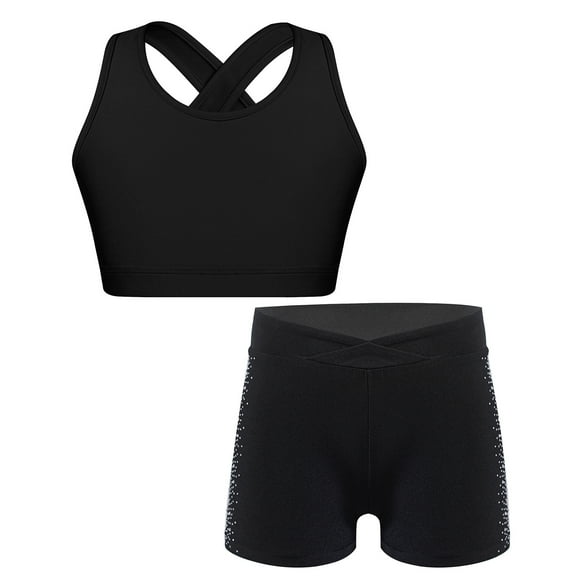 YONGHS Girls 2 Pcs Workout Outfits Gymnastics Activewear Sports Crop Tank Top with Shorts Set Black 10