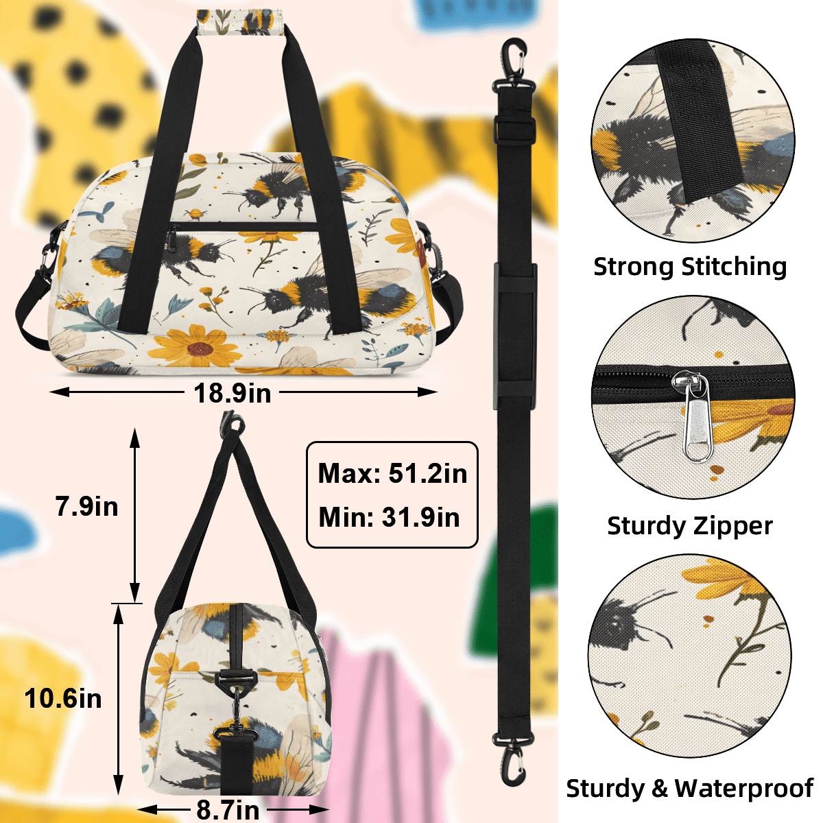 Herdesigns Bee Sports Duffle Bag for Women & Men, Flowers Bee Gym Bag Dance Bag Overnight Bag Carry On Weekender Travel Bag