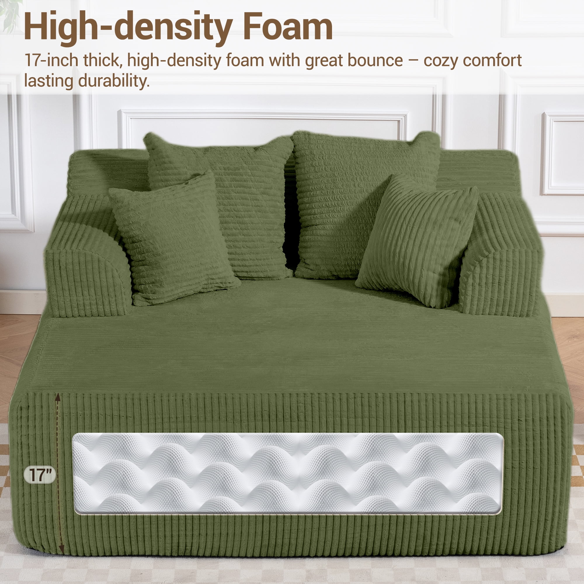WENTUM 58" Chaise Lounge Chair Indoor, Oversized Corduroy Boneless Sleeper Sofa Bed with Armrests & 4 Pillows, No Assembly for Living Room, Green