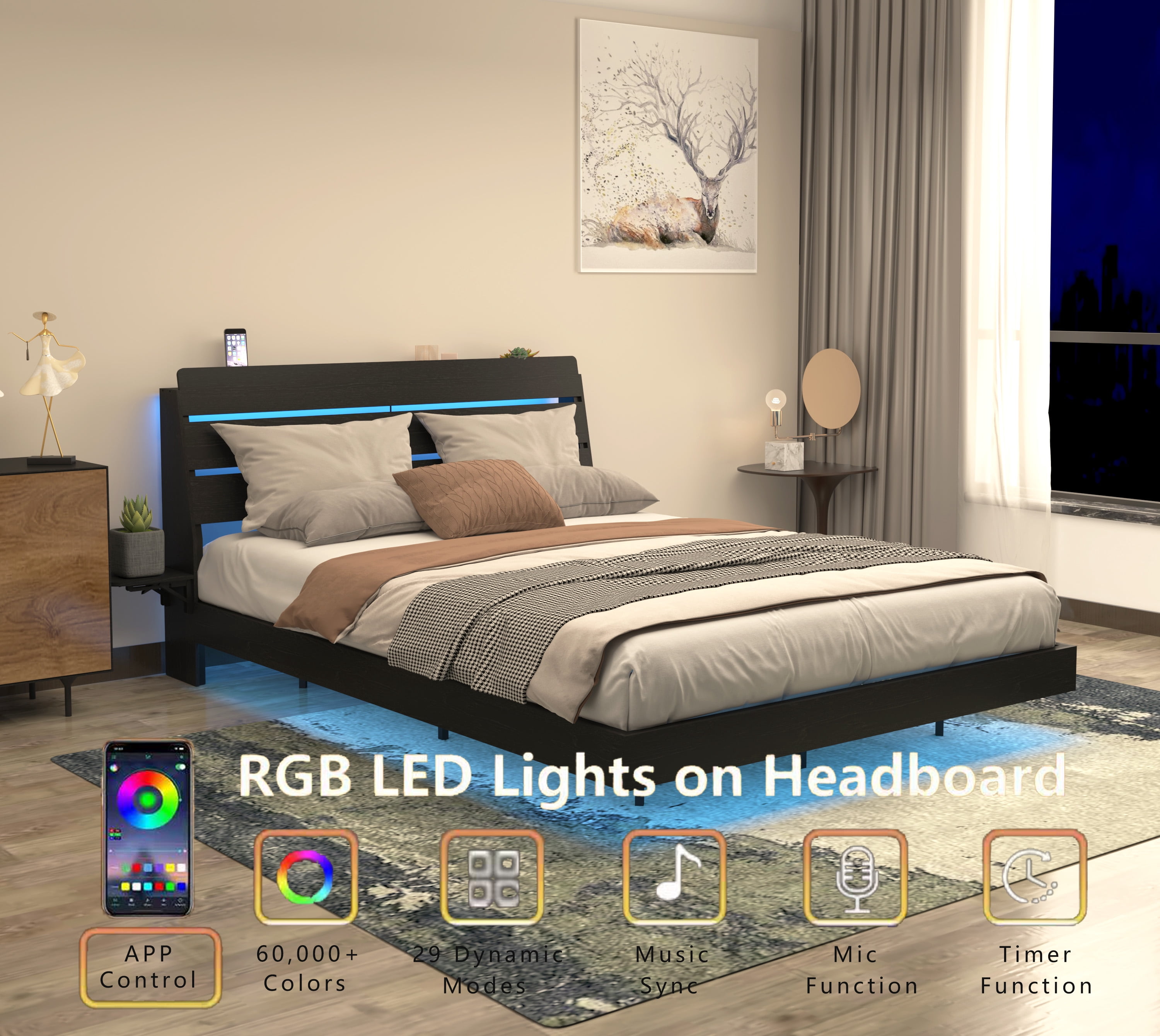 Miniyam Queen Floating Bed Frame with RGB LED Lights, Storage Headboard & USB Charging Station, Black