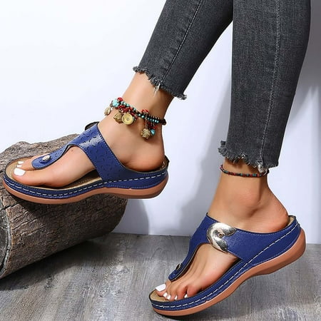 

ForestYashe Sandals For Women Metal Decoration Feature Pattern Wedge Flip Flops Platform Leather Strap Sandals With Arch Support Casual Buckle Beach Slippers For Women