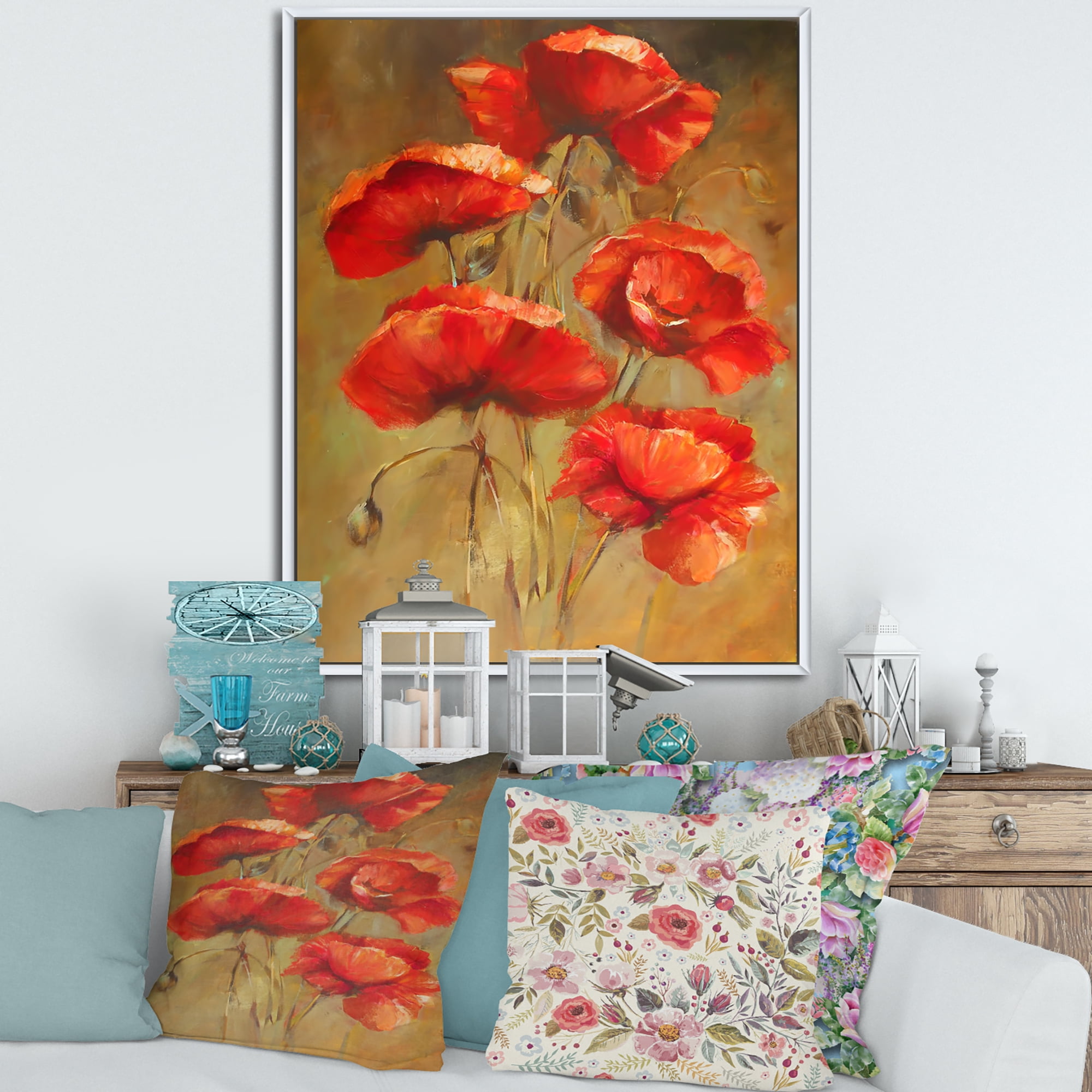 Blooming Vintage Poppies I 12 in x 20 in Framed Painting Canvas Art Print, by Designart