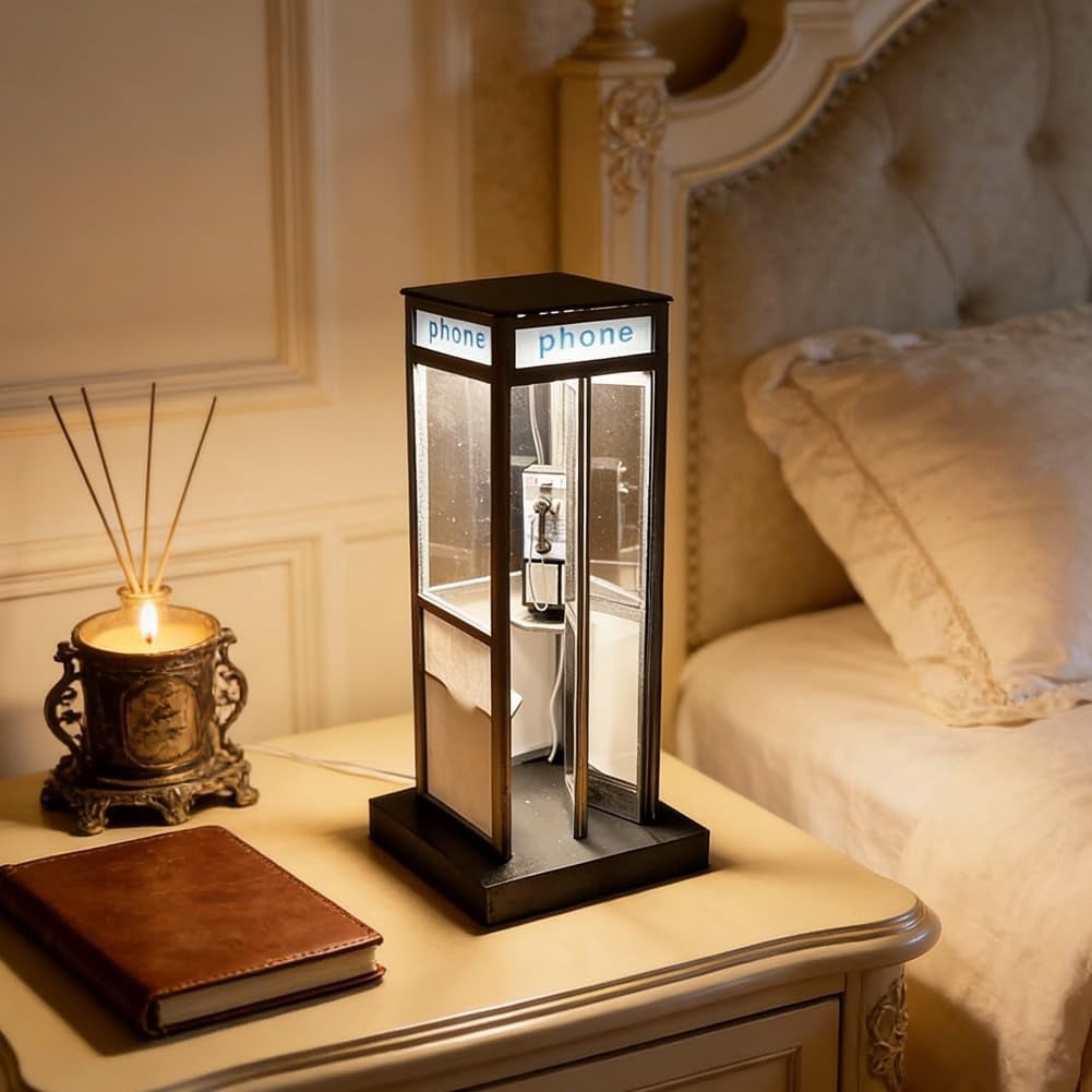 Retro Vintage Phone Booth Table Lamp, Tall Telephone Box Decorative Night Light with Warm LED Light for Bedroom Office Desk, Classic Phonebooth Lamp Home Decor Gift for Living Room Study