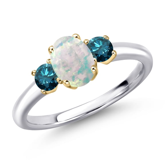 Gem Stone King 10K Two Tone Gold Simulated White Opal and Blue Diamond Engagement Ring for Women | 1.30 Cttw | Oval Cabochon 7X5MM | Gemstone October Birthstone | Size 5