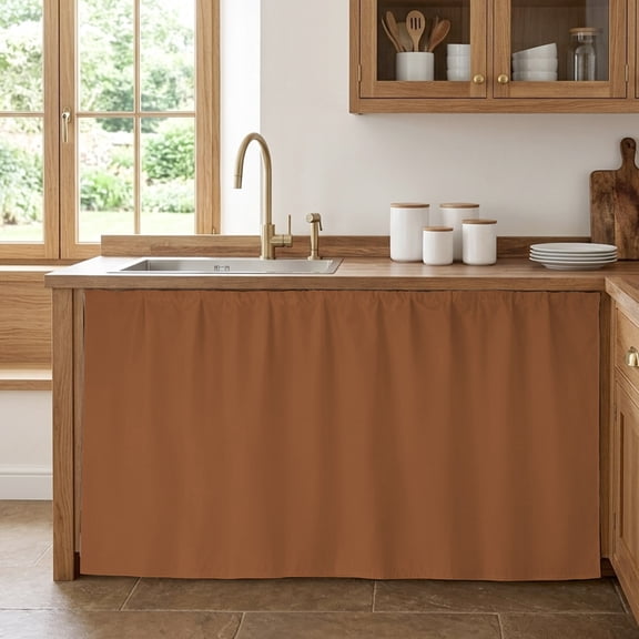 Umber Cabinet Curtains for Kitchen 28"W x 51"L, Brown Solid Color Background Autumnal Rustic Minimalist Under Sink Skirt Magic Tape Short Curtain Decorative Privacy Panel for Pantry Cabinet Opening