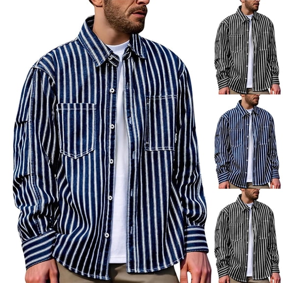Hinvhai Mens Vintage Striped Denim Button-Down Shirt, Long Sleeve, Dual Front Pockets Casual Shirt Coat Blue XL(XL)