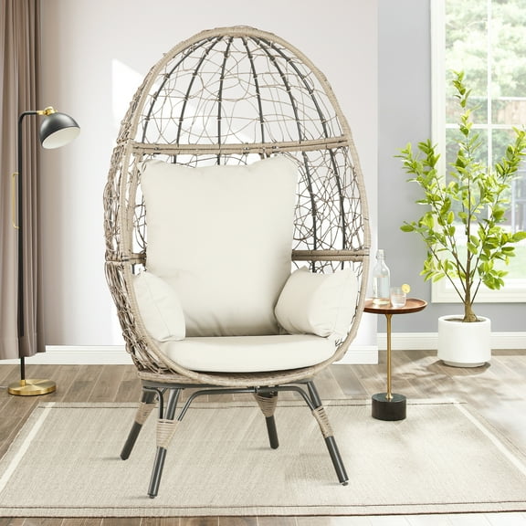 Iwicker Stationary Wicker Egg Chair  Patio Lounger with Cushions for Indoor/Outdoor, Beige
