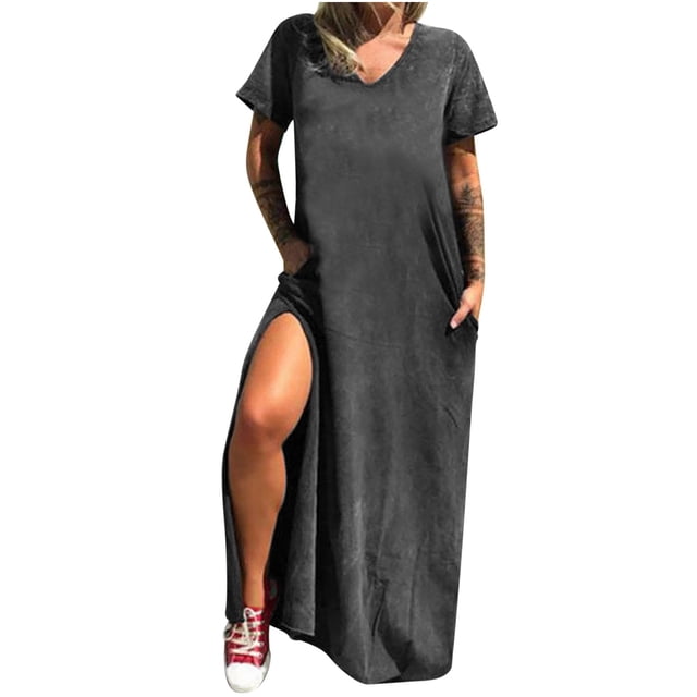 Robe Longue Décontractée pour Femmes avec Poches, Manches Courtes, Fendue, Maxi, Mode Imprimée, Col en V, Confortable, Quotidienne