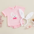 thumbnail image 3 of Okbabeha Newborn Baby Boy Girl Easter Outfit Fuzzy Embroidered Romper Short Sleeve Bodysuit Jumpsuit with Bunny Ears Headband, 3 of 9
