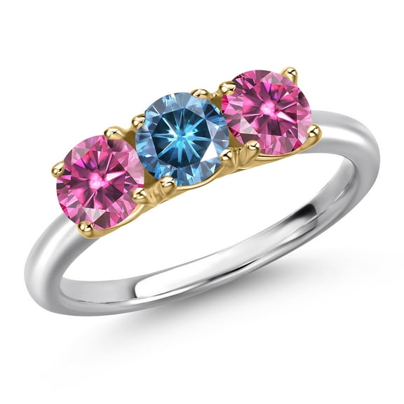 Gem Stone King 10K Two Tone Gold Persian Blue Moissanite and Pink Moissanite Engagement Ring for Women | 1.50 Cttw | Round 5MM | Gemstone Birthstone | Size 6