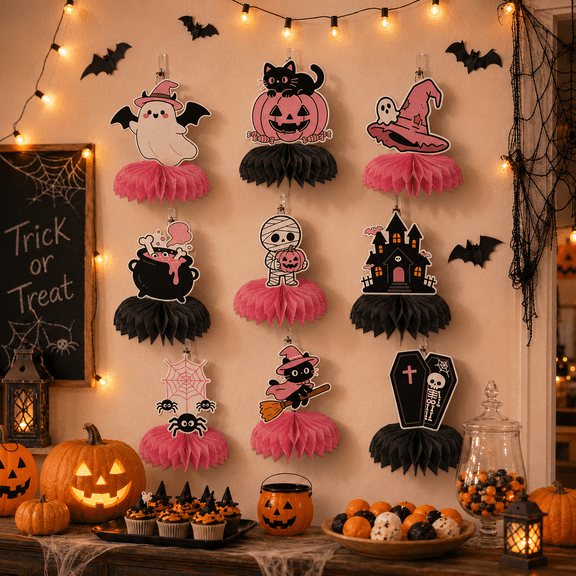 12 Pack Halloween Hanging Decorations, 9 Designs Pink and Black Honeycomb Paper Ornaments for Halloween Party Decor