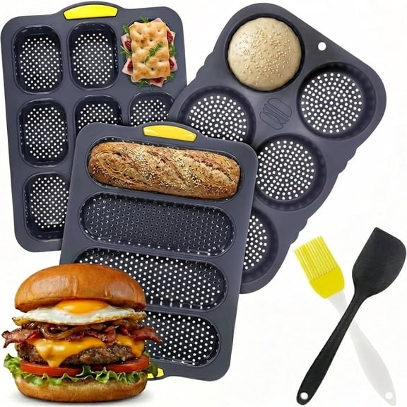 3 Pack Silicone Baguette Bread Pan, Nonstick French Bread & Hot Dog Bun Mold, Foldable Loaf Baking Pan for Hoagie Rolls, Easy Release, Dishwasher Safe, Gray